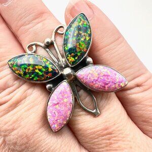 Sterling Silver Womens Pink Opal Gemstone Butterfly Ring Adjustable Statement